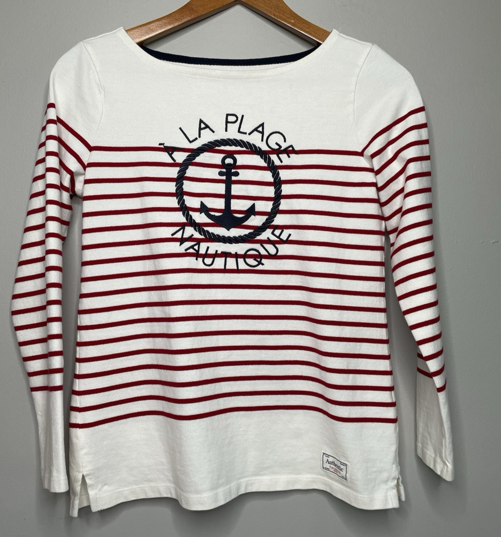 Talbots Petite Small Nautical Anchor Striped Long Sleeve Cotton Top Red White
